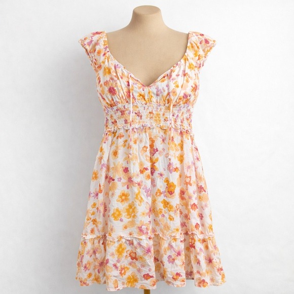 The Unbranded Brand Dresses & Skirts - Floral Smocked Tiered Peasant Dress Sz M Orange Ruffle Cottagecore Boho Romantic